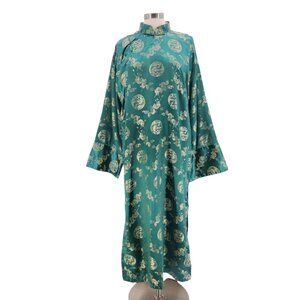 Vintage Oriental Womens Medium Dress Cheongsam Satin Dragon Print Green Gold